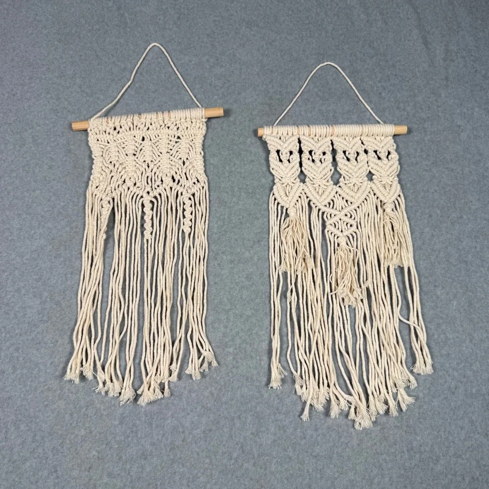 Set of 2 Boho Macrame Wall Hangings Cream Cotton Fringe Tassel Home Decor Boho